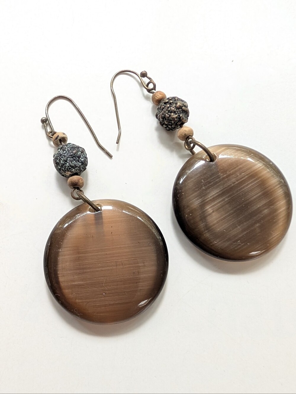 Bohemian Style Wood Beaded Cats Eye Glass Disc Festival Summer Dangle Earrings